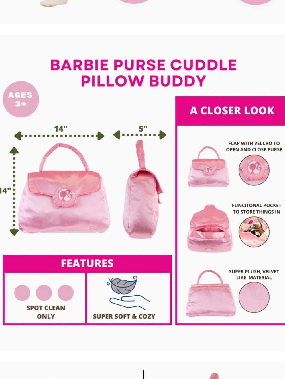 Barbie Purse Pillow Bedding Plush Pink Purse/Bag Shapped Cuddle 💕✨️🎀